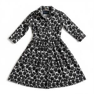 Samantha Sung Audrey Floral Shirt Dress Black White Cotton Fit Flare Sz 2